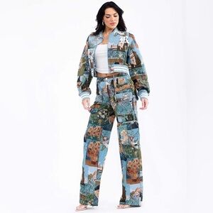 Stylish Blue Patterned Women's Jacket and Pant Set